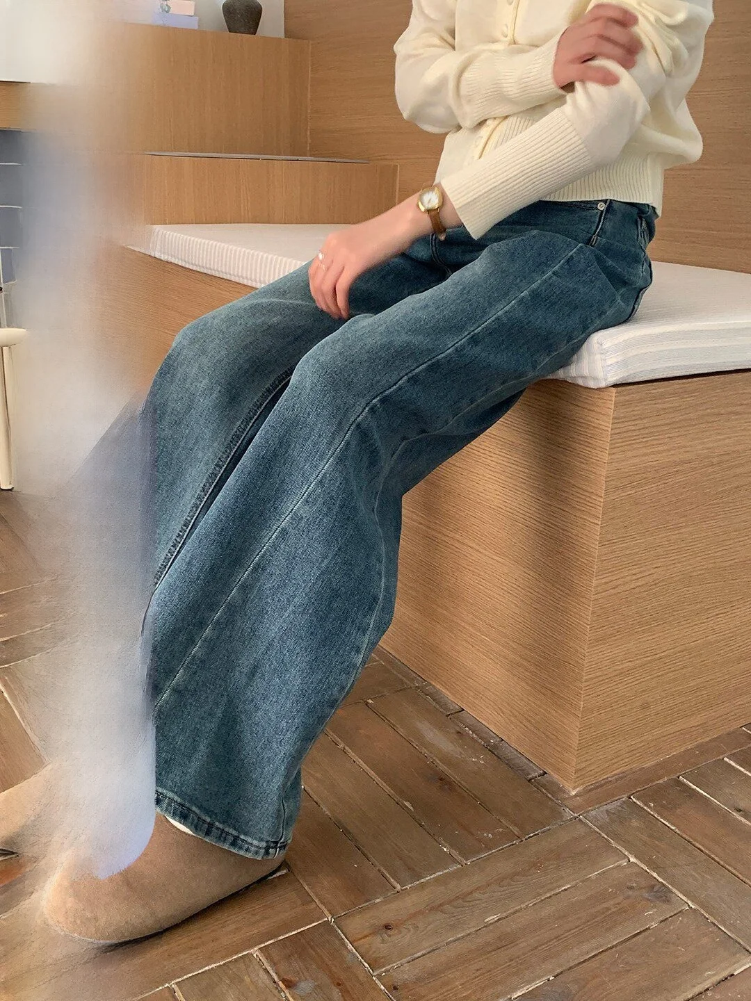 

Ретро джинсы с высокой талией, прямые, слегка расклешенные, женские, в корейском стиле, из денима, для весеннего сезона, повседневные, удобные, комфортного кроя