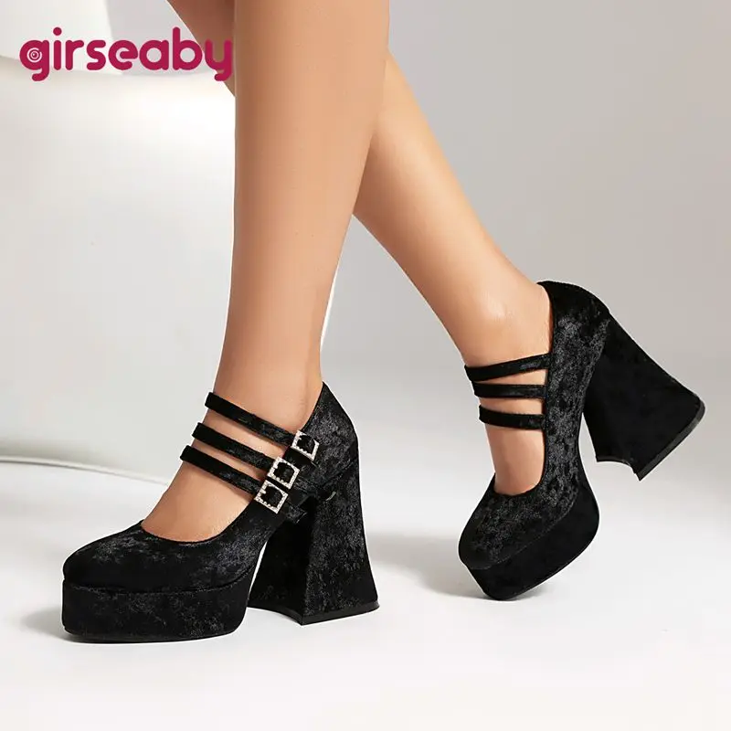 

Girseaby Design Женские туфли-лодочки из флока, замшевые туфли с круглым носком на блочном каблуке 12 см, платформа с тремя пряжками, большие размеры 42 43 Туфли для вечеринок и свиданий