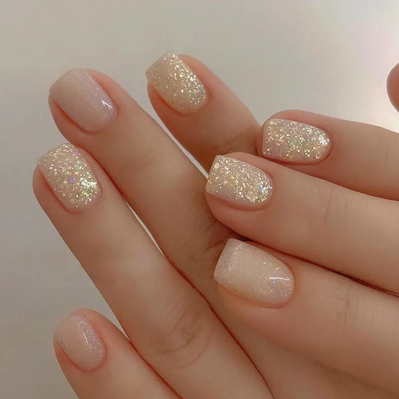24pcs Short Square Press on Nails Tips Polka Dot Cat's Eye Fake Nail Art with Bow Rhinestone Design False Nail Glitter Manicure