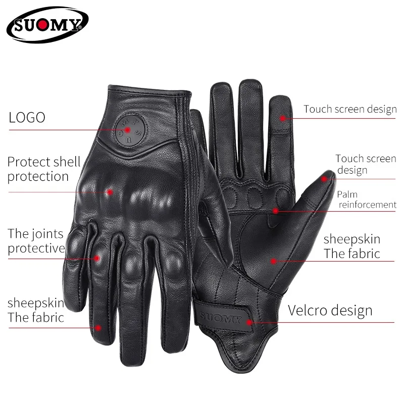 SUOMY Black Yellow Pink Brown Retro Leather Motorcycle Gloves Non-Perforated Hard Protection Touchscreen Riding Gear view 2