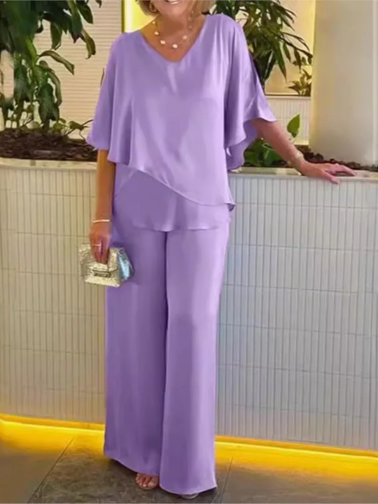 Spring Summer Solid Color Pants Sets Women Irregular Half Sleeves T Shirt Wide Leg Trousers Two Piece Set Casual Female Clothing