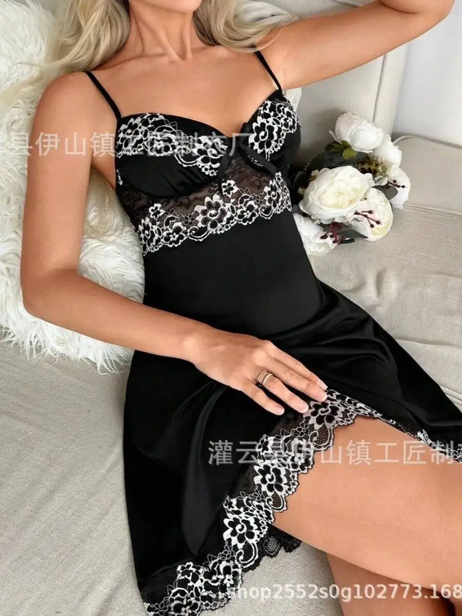 الدانتيل المشذبة فستان بحزام مثير الحليب الحرير مثير المتسكعون فستان بيجامة للنساء عارية الذراعين العميق الخامس الحمالات فستان بلا أكمام K3AD