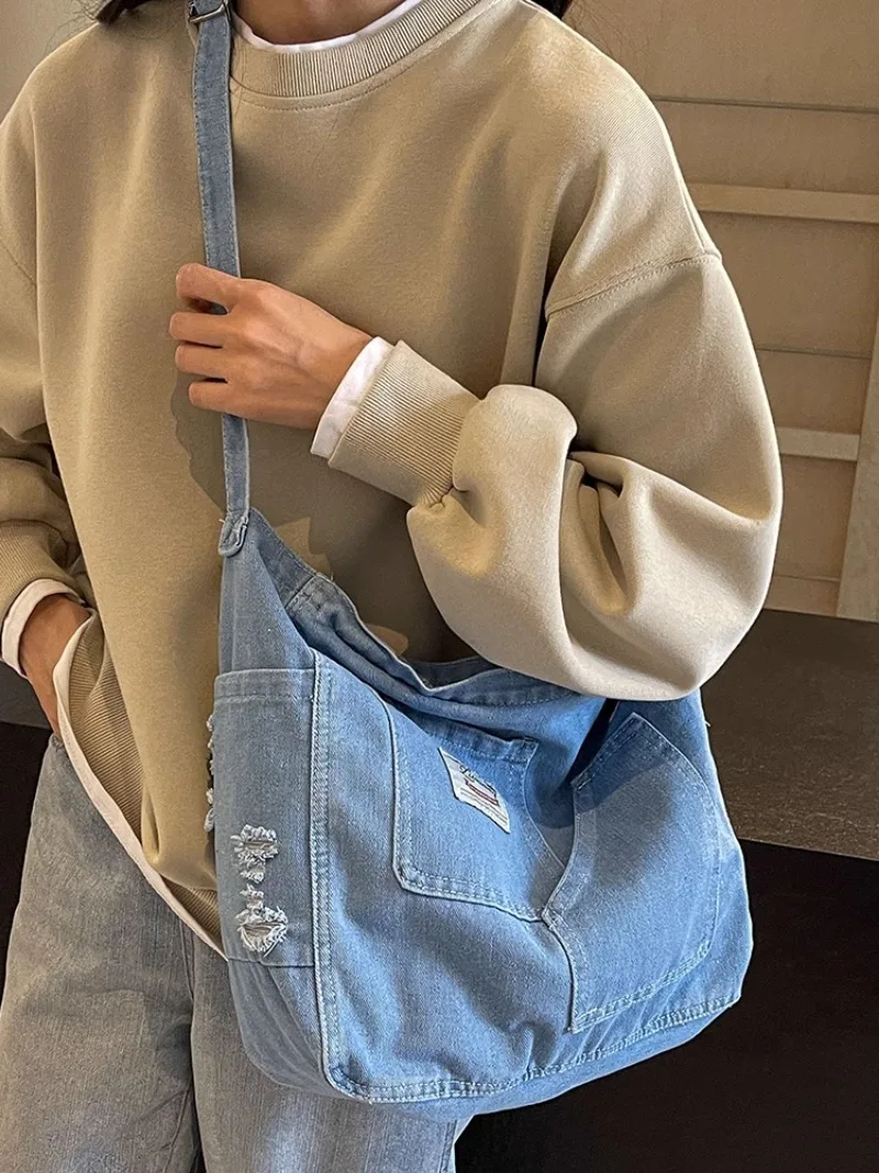 Trendy Denim Large Shoulder Crossbody Bags Women Tote Handbags and Purses New Jeans Hobos Ladies Messenger Bag High Quality