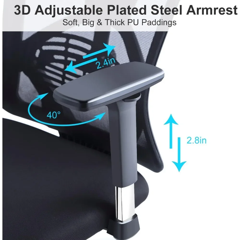 Ergonômico |   Cadeira de escritório - Cadeira de mesa com encosto alto e ajustável | Apoio lombar, encosto de cabeça e apoio de braço de metal 3D - 130 °   Malha de balanço