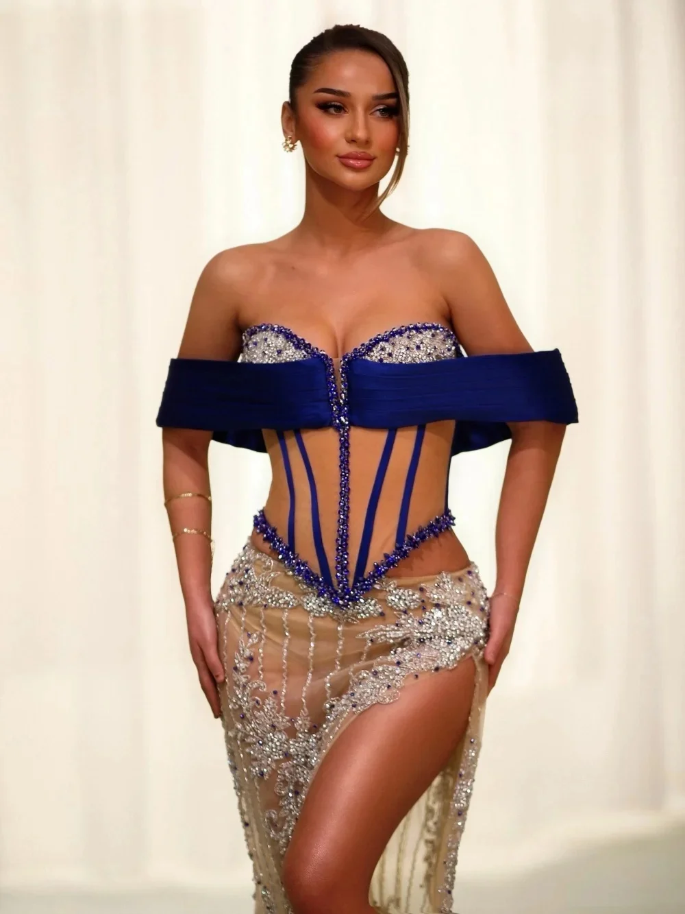 Vestidos De Noche De moda con hombros descubiertos, vestido De graduación con cuentas De lentejuelas, ilusión De sirena con abertura alta, Vestidos De Noche personalizados De princesa