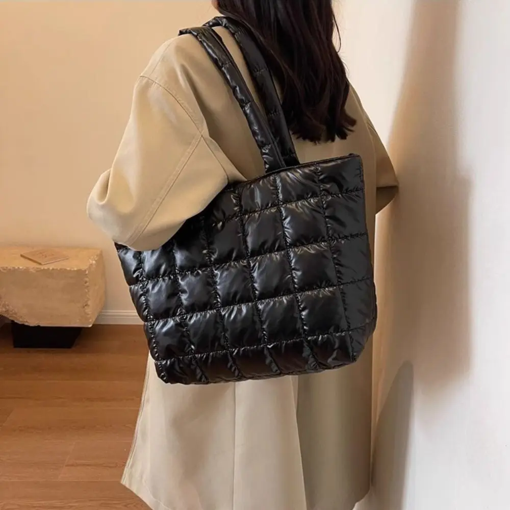 

Korean Style Down Cotton Shoulder Bag Checkered Large Capacity Puffy Bag Space Cotton Lightweight Nylon Handbag Office Worker