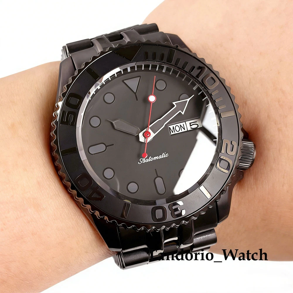 Tandorio 41mm Black PVD Automatic Watch For Japan NH36 Movement Rotating Bezel Day Date Domed Sapphire Glass 20ATM Diver Watch