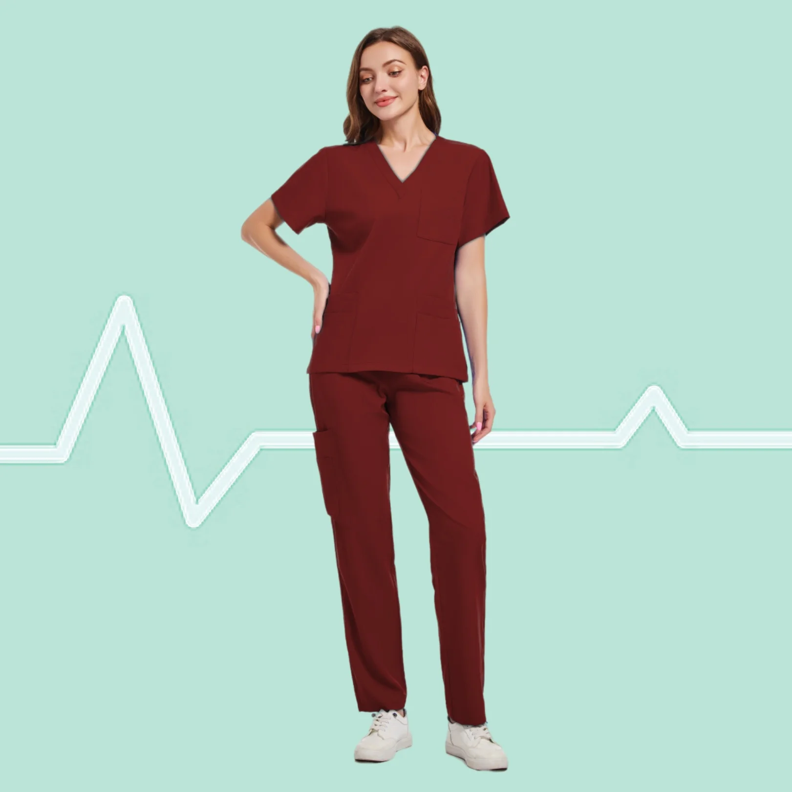 Kualitas tinggi Uniforme seragam perawat medis Scrub Set wanita dan pria Modern V-Neck Top dan celana pakaian kerja rumah sakit dokter setelan