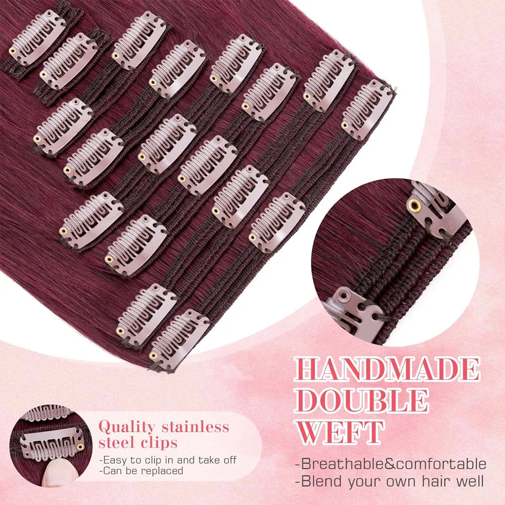 99J بورجوندي مستقيم كليب في شعر مستعار بشري 100% البرازيلي ريمي مشبك شعر الإنسان في 100 جرام 8 قطعة/المجموعة كامل الرأس للنساء