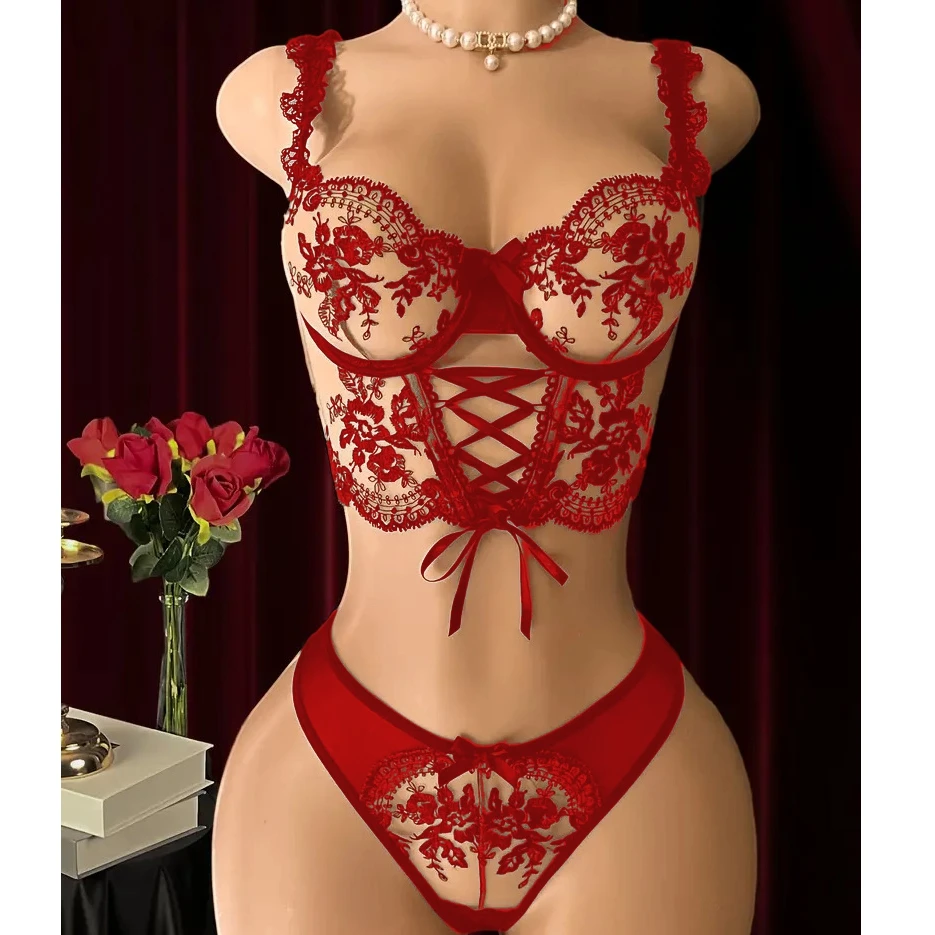 

Women's Floral Embroidery Mesh Lingerie Outfits Cross Strap Bra + Mini Bow Thong Babydoll Sleepwear