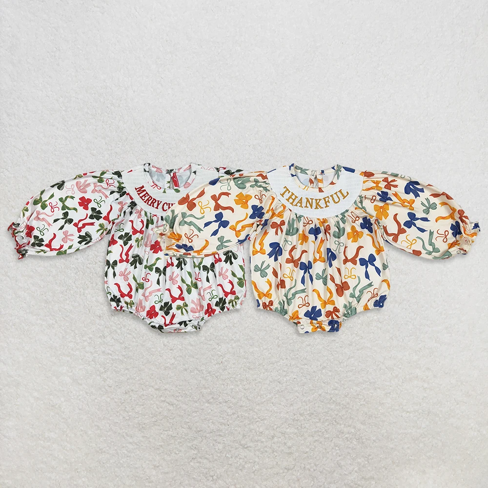 

Sibling Baby Girls Thanksgiving Romper Long Sleeves Smocked Embroidery Colorful Bows Merry Christmas Outfit