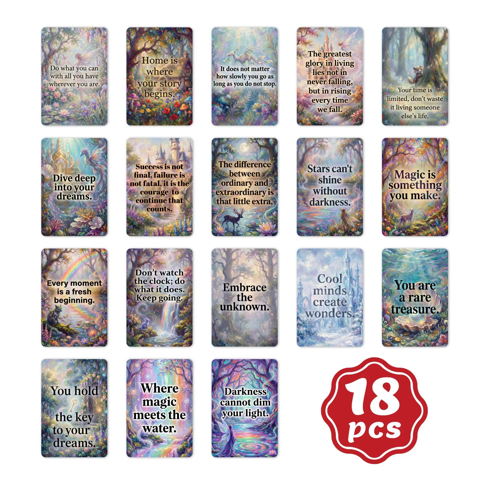 18 Cartoon Fairy Tale Garden Elf Forest Scenery Inspirational Motivational Quote Decorative Card Set for Encouragement Uplifting