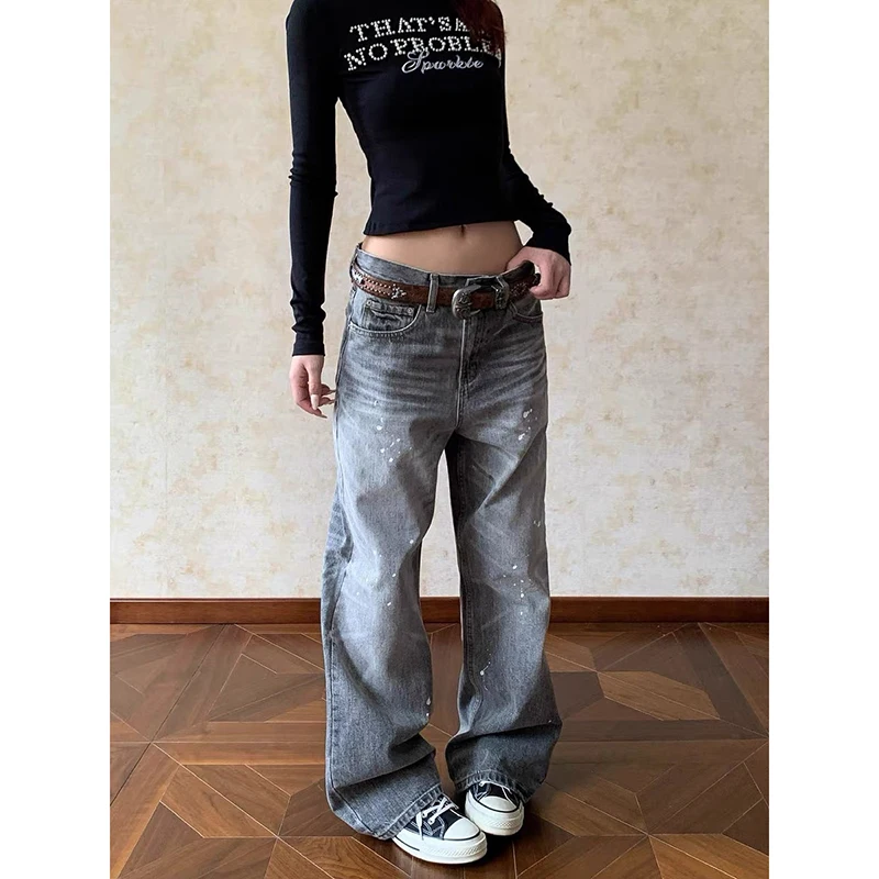 ZHIZOU Damen Grau Y2k Baggy Jeans Harajuku Vintage 90er Jahre Weites Bein Denim Hose Ästhetischer 2000er Jahre Stil Oversize Jeans Hose Herbst