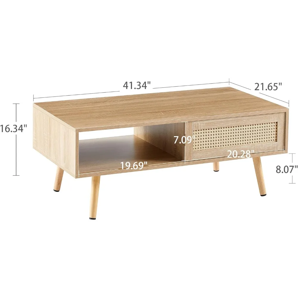 Mid-Century Modern Rattan Coffee Table with Sliding Doors and Open Storage for Living Room
