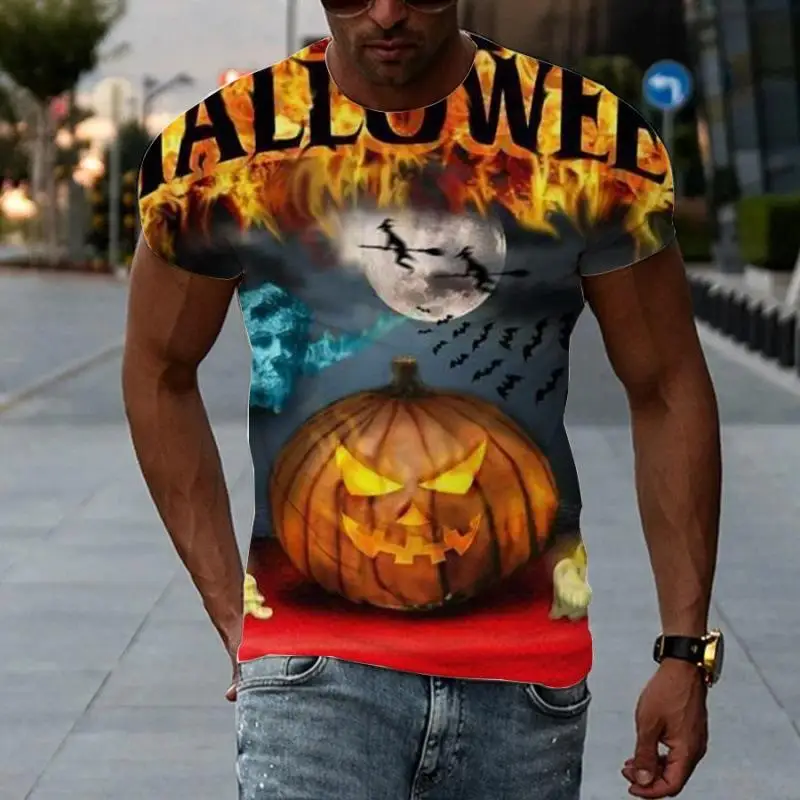 Men Halloween 3D Print Short Sleeve T‑Shirt Pumpkin Ghost Witch Bat Moon Fire Graphic O‑Neck Casual Party Holiday Tee Tops