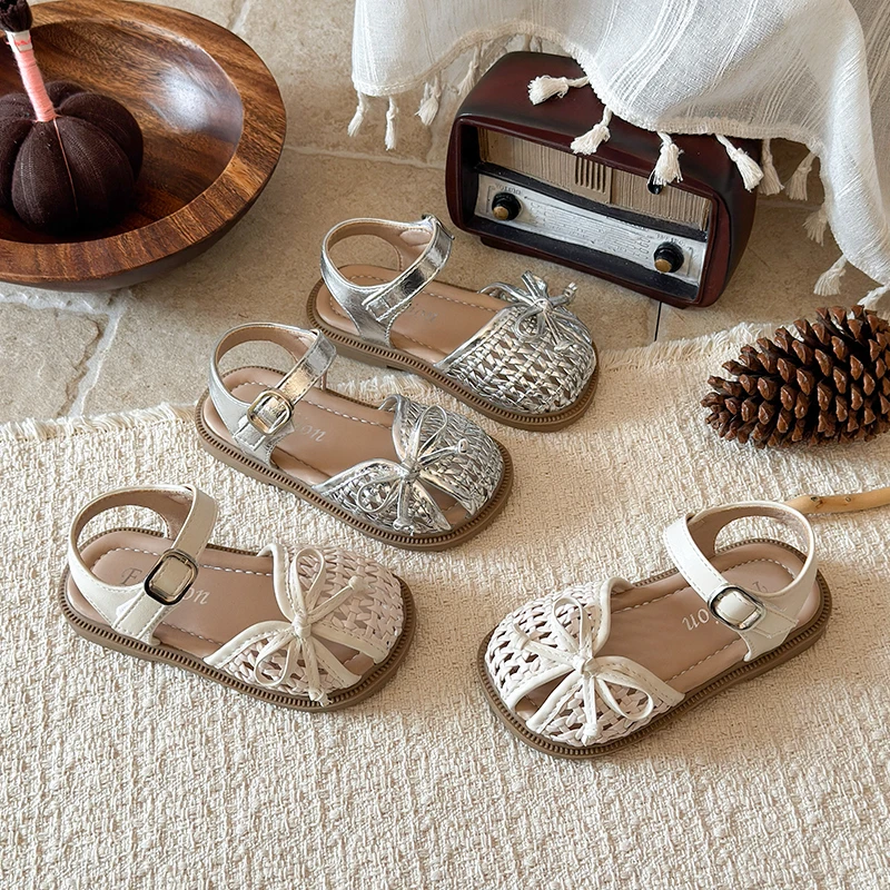 

Детские сандалии для девочек с открытым носком, плетеные, с бантом, на мягкой подошве, дышащие, летние пляжные туфли для принцесс