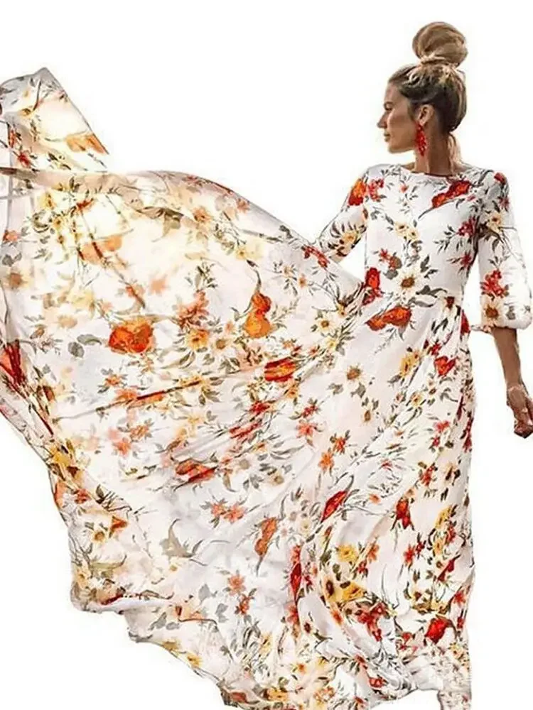 Spring Elegant Floral Print Maxi Dress Women Casual 3/4 Sleeves O-neck Slim Boho Party Long Dresses Robe Femme Beltless
