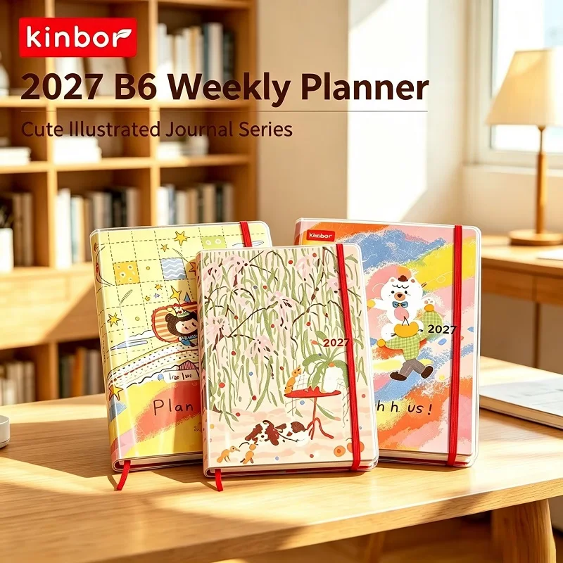 Carnet de planification hebdomadaire Kinbor 2027 B6, agenda mignon avec illustrations de dessins animés, planificateur hebdomadaire de gestion du temps pour étudiants et employés de bureau.