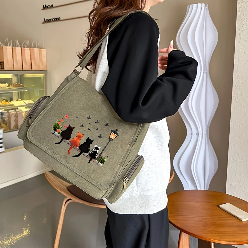 

Retro Large-Capacity Shoulder Bag Four Cats Pattern Tote Messenger BagIdeal for Daily Use AndTutoring.go shopping,travel andeat,