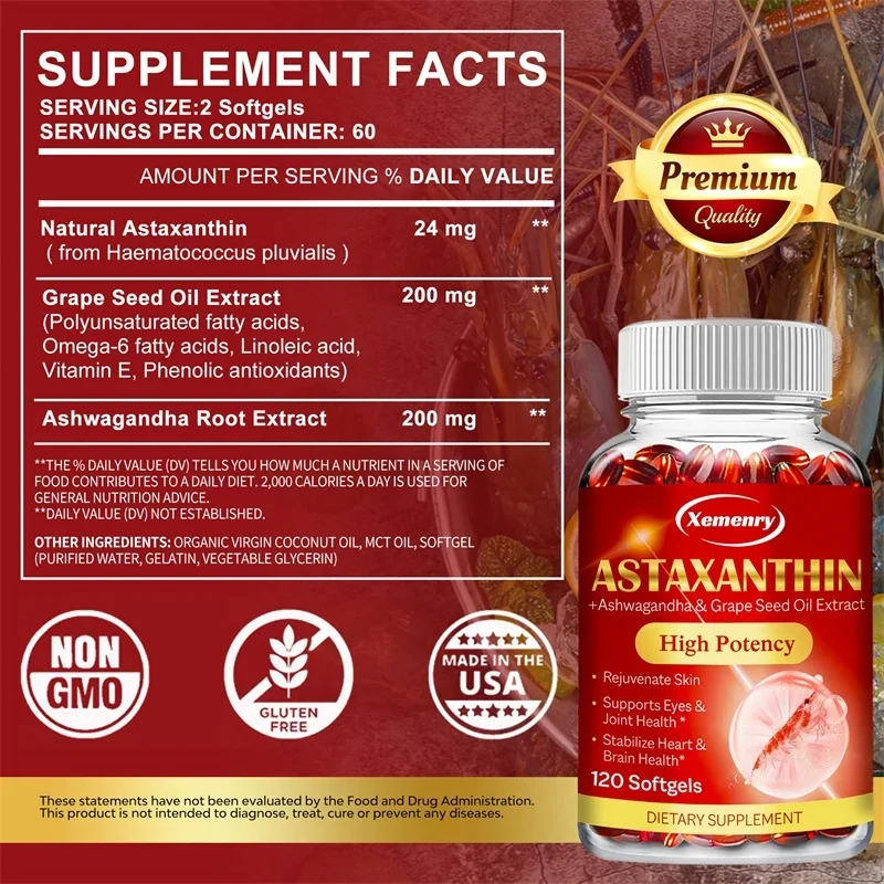 Astaxanthin Softgels 24mg - Antioxidants, for Healthy Skin, Eyes, Cardiovascular, Joints - Non-GMO & Gluten Free