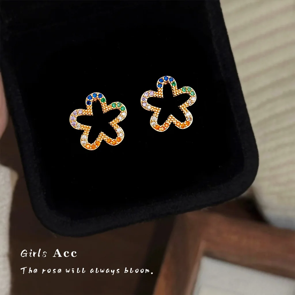

Fashion Commute Dopamine Multicolor Zircon Flower Stud Earrings Korean Sweet Fresh Advanced Temperament Earrings for Women