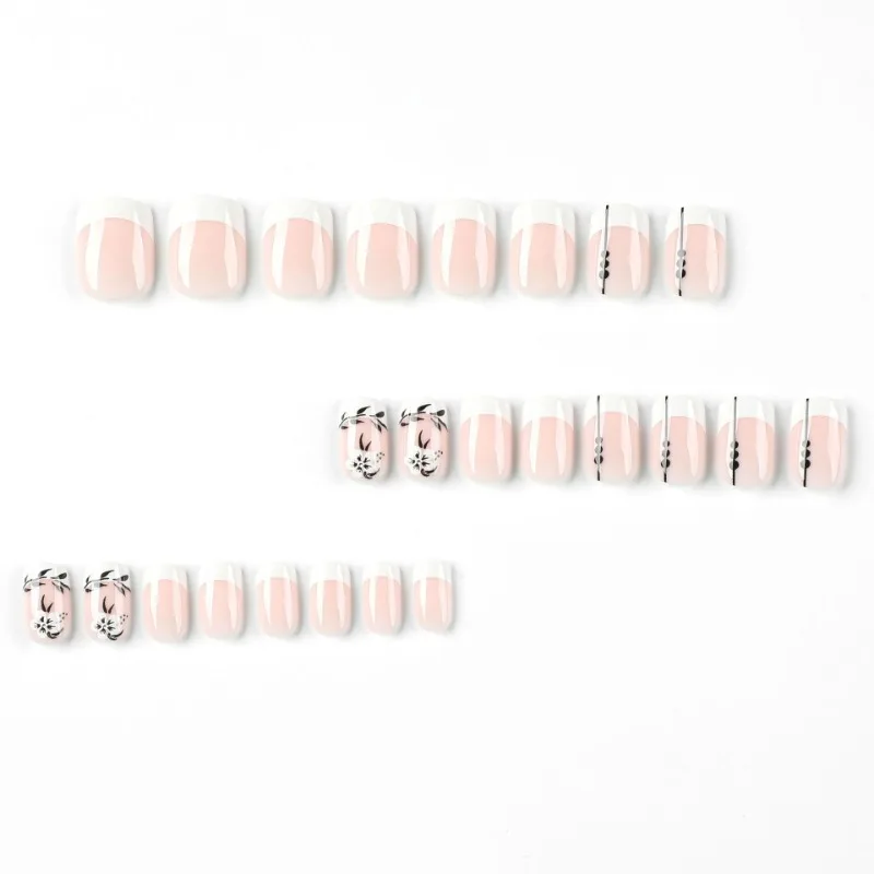 24 Pcs 광장 프랑스어 중간 짧은 가짜 손톱 접착제 거짓 손톱 꽃 보철 손톱 세트 여성을위한 손톱에 휴일 프레스