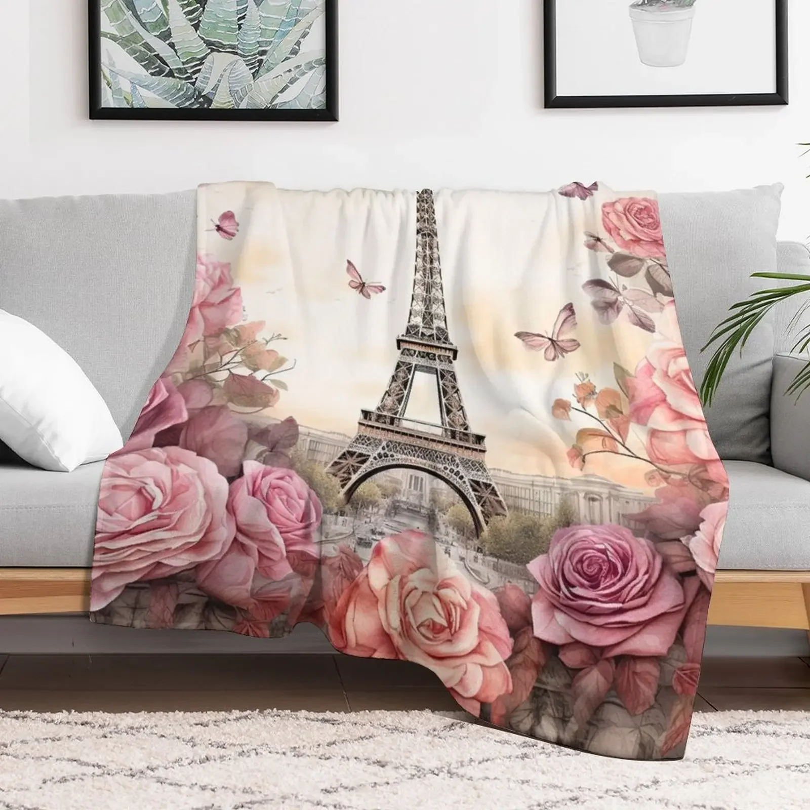 Vintage Eiffel Tower Paris with pink roses Throw Blanket Luxury St Heavy For Sofa Thin Blankets