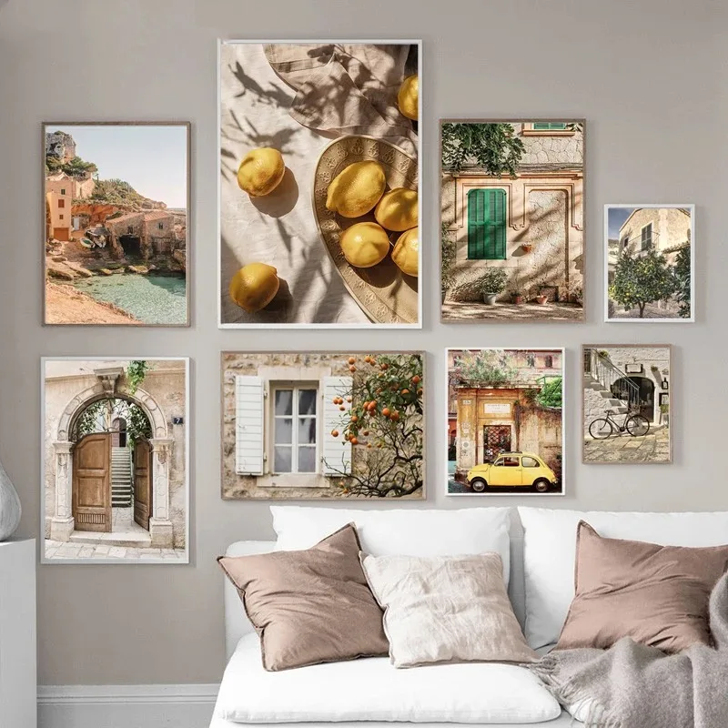 Vintage Pastoral Italian Town Wall Art Home Garden Plants Canvas Car Bike Yard Posters And Prints Living Room Bedroom Decorat