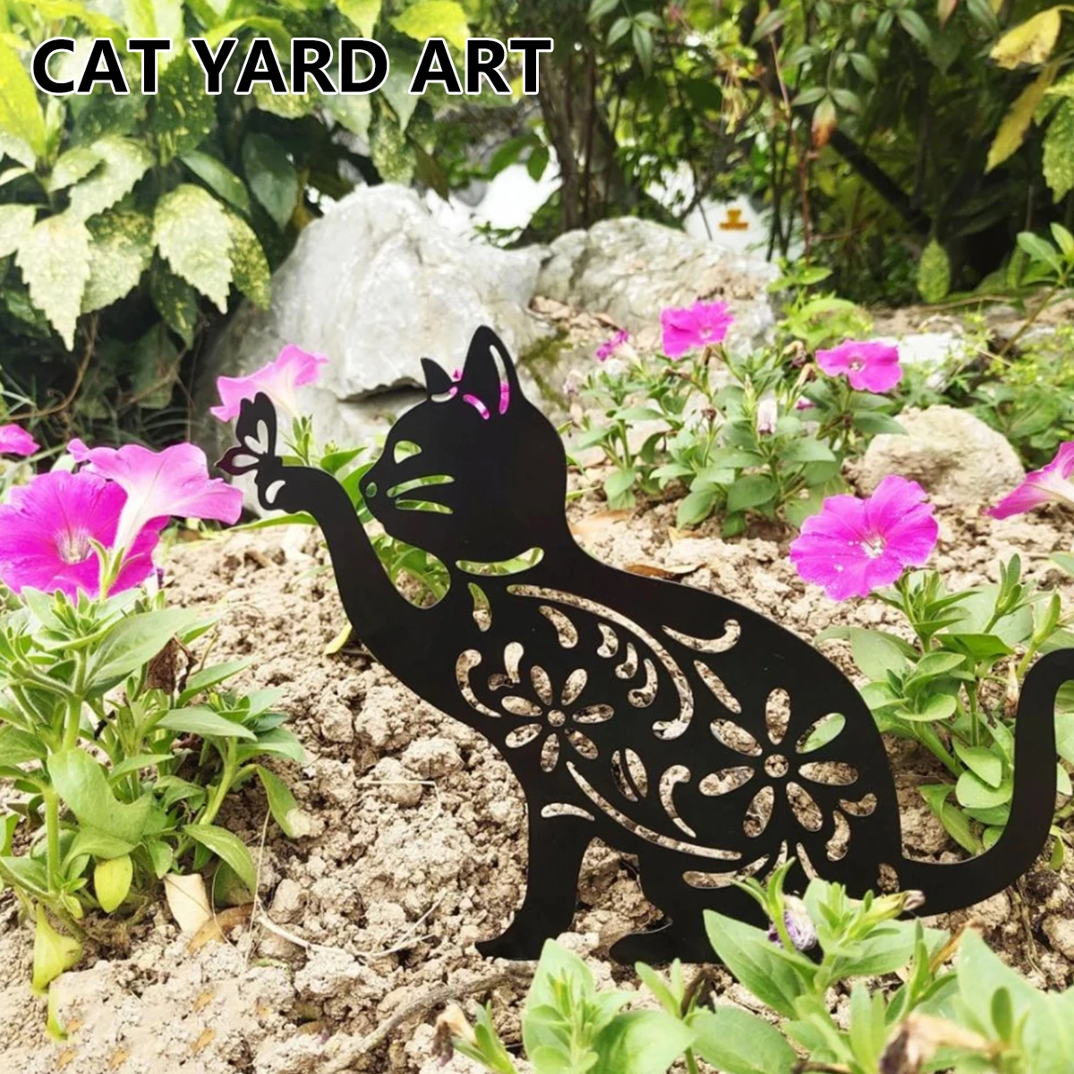 

Metal Cat Silhouette Stakes Black Hollow Cat Sign Stakes Weatherproof Outdoor Cat Animal Statue Decorative Garden Stakes for