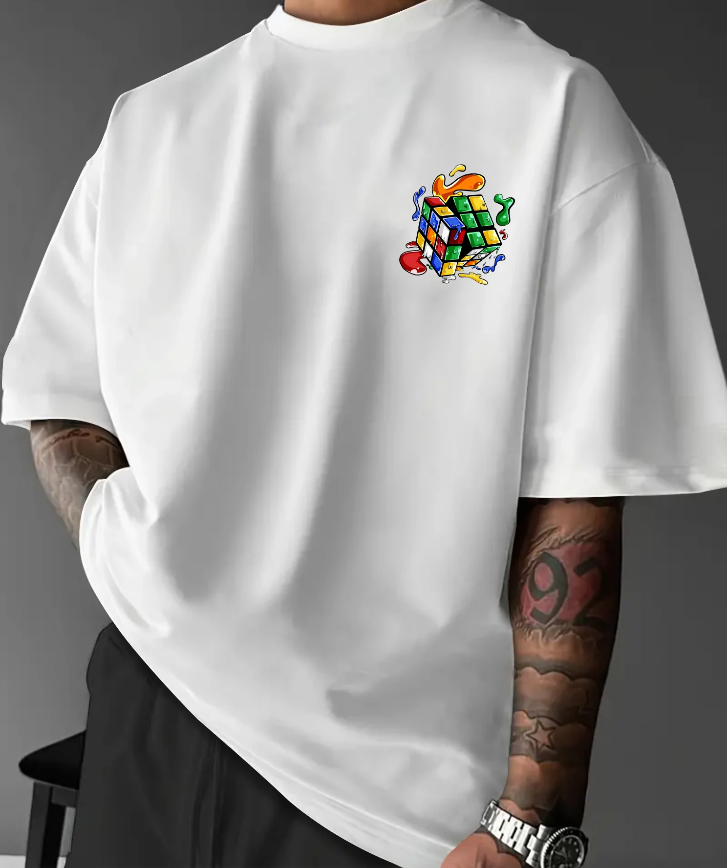 Men Dripping Rubik's Cube Never Give Up Graffiti Back Print Short Sleeve Tee S-XXL