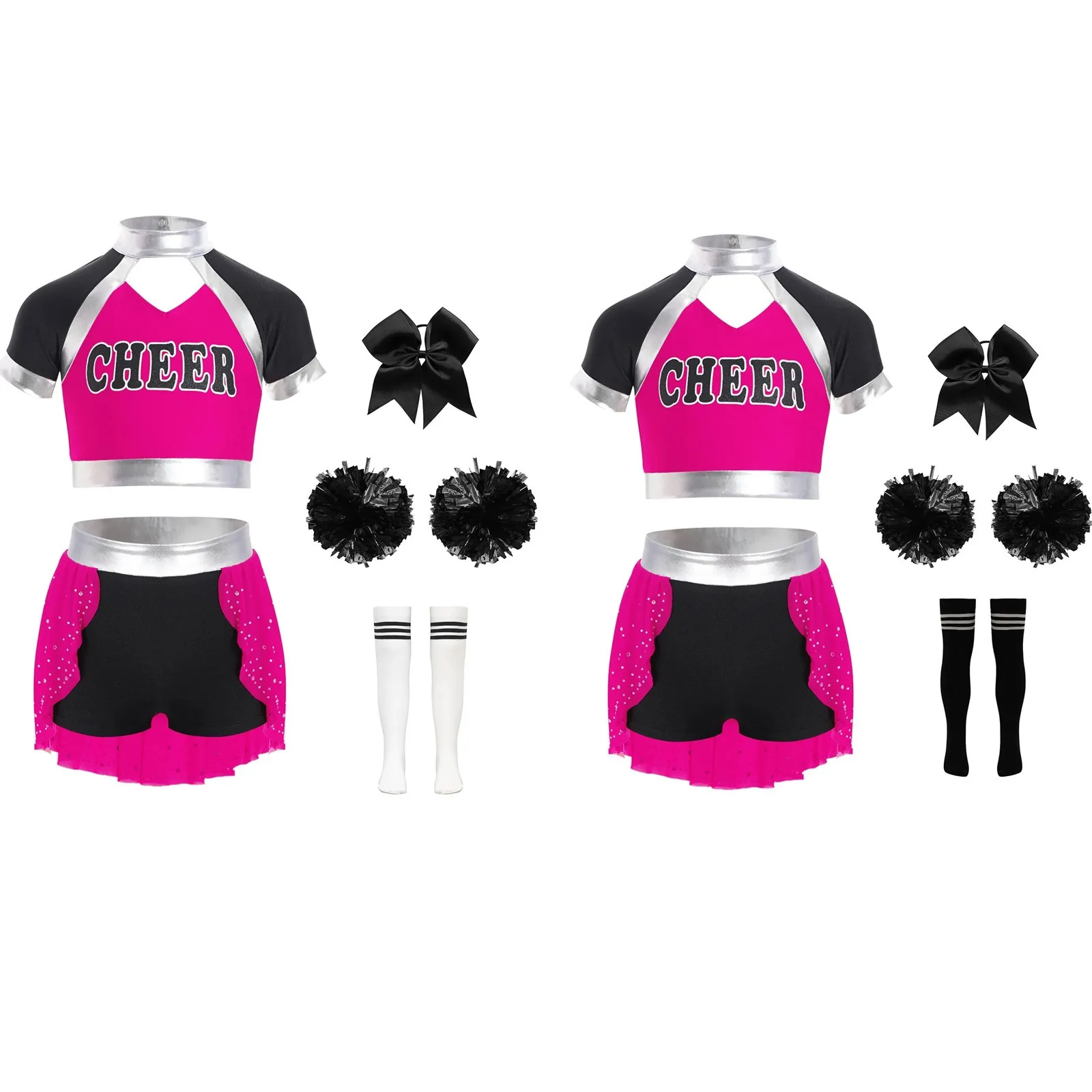 

Kids Girls Cheerleading Dance Outfit Short Sleeve Crop Top with Skirted Shorts Cheer Set Bowknot Headwear Socks and Flower Balls
