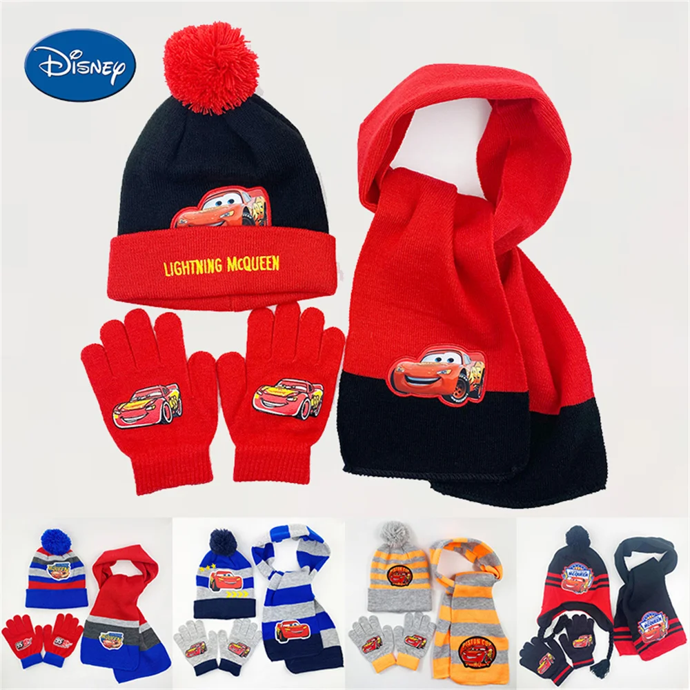 Disney Lightning Mcqueen Red Car Children Hat+Scarf+Gloves Thermal Suit Cartoon Winter Kids Warm Caps Set Christmas Gift