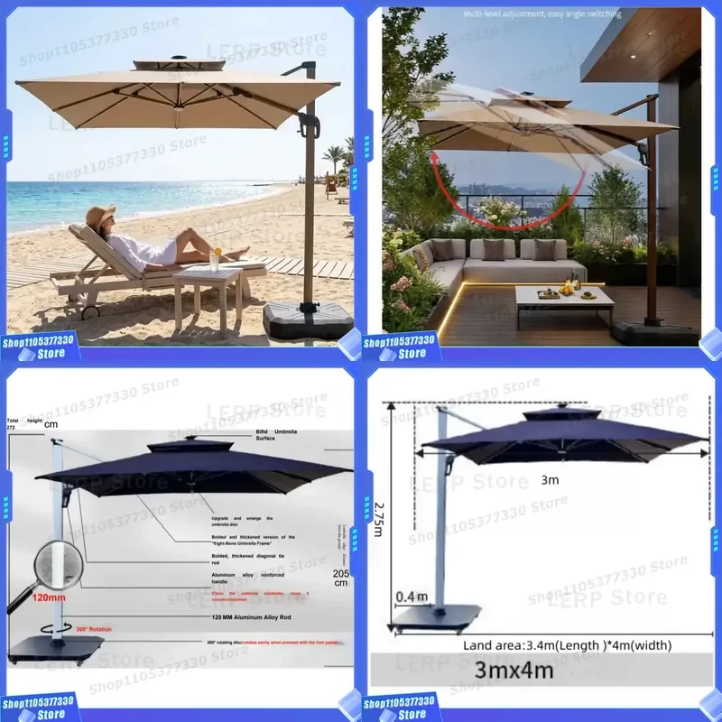3Mx4M Rectangular Aluminum Garden Umbrella with Solar LED Light Heavy Duty Base for Outdoor Patio Terrace Villa Balcony Shade