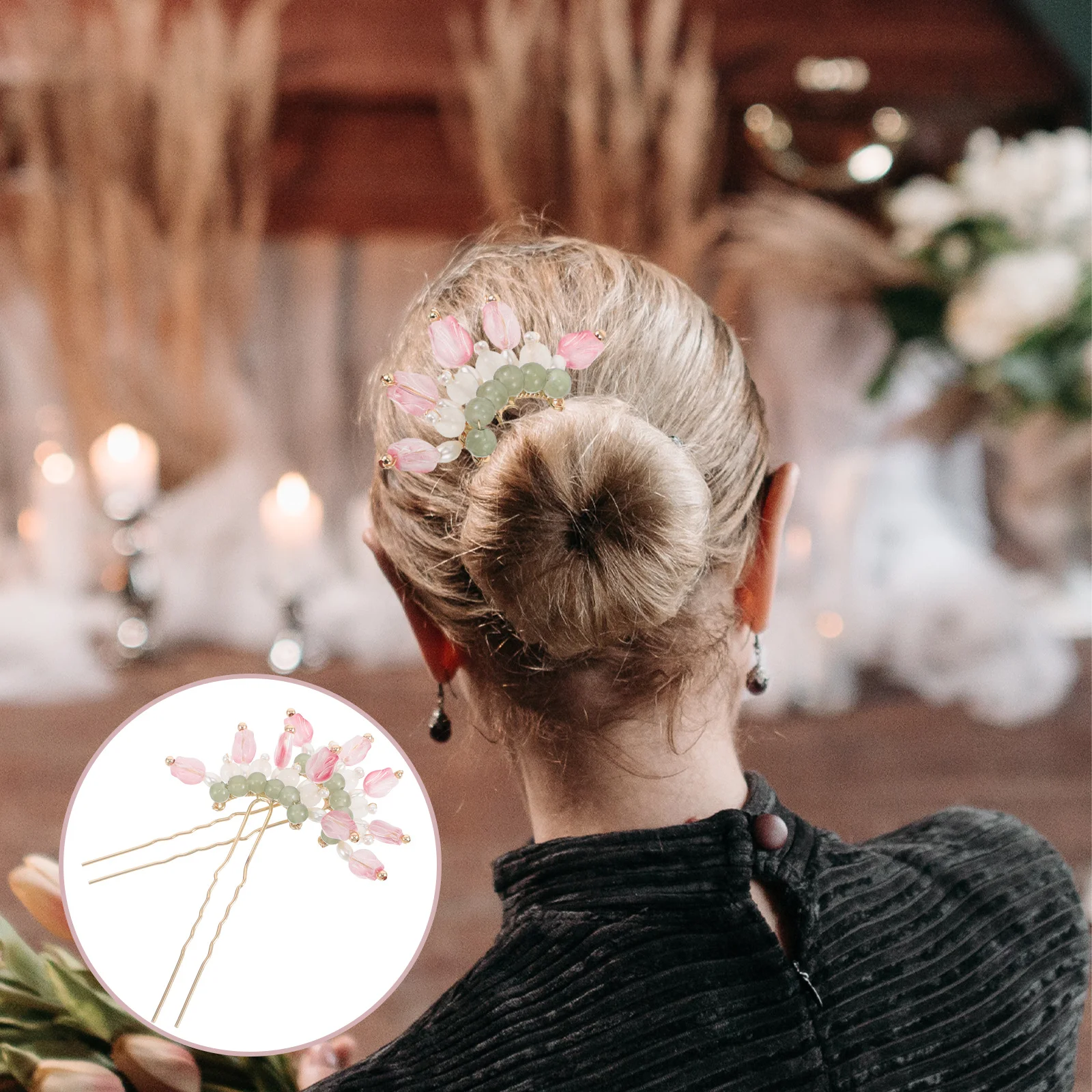 

2Pcs Tulip Vintage Hairpins Elegant Zinc Alloy Glass Floral Hair Sticks for Daily Updos Wedding Bridal Accessories Chinese Hanfu