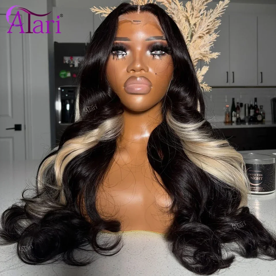 

Transparent 13x6 13x4 Lace Frontal Black with Blonde Stripe Human Hair Body Wave Wig Pre Plucked for Women 5x5 Closure Lace Wig