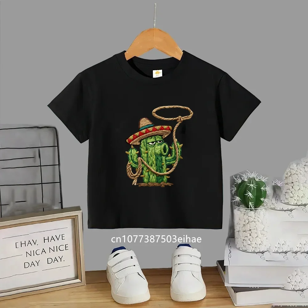 Plants Vs Zombies Cowboy Cactus Kids T-shirt Sombrero Cactus Print Boys Girls Soft Cotton Short Sleeve Summer Casual Cartoon Tee