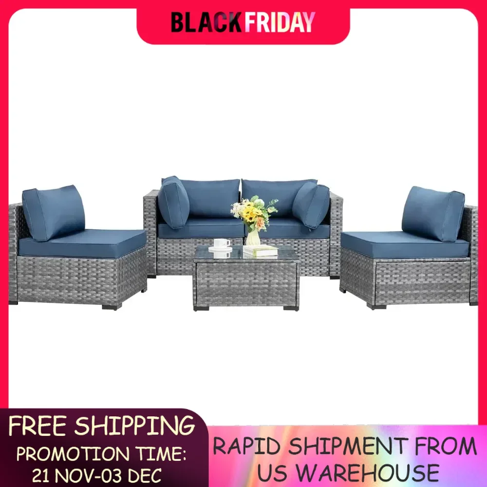 Outdoor Patio Sectional Sofa Couch, PE Wicker Furniture Conversation Sets, Washable Cushions, Glass Coffee Table, 5 Pcs