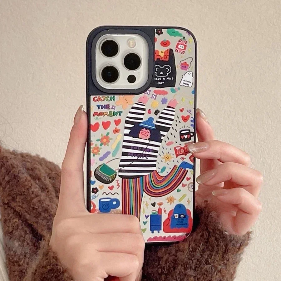 

Mirror Surface Illustration Happy Girl Phone Case Cover for IPhone 11 12 13 14 15 Pro Max Case for IPhone 15 Pro Max