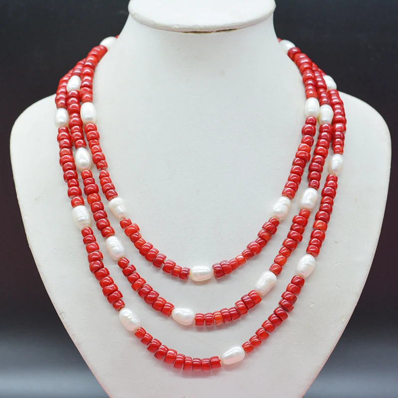 

Unique, classic. 3 layers of natural red coral. Pearl Necklace. The most popular Bridal Wedding Jewelry in Europe18-23"