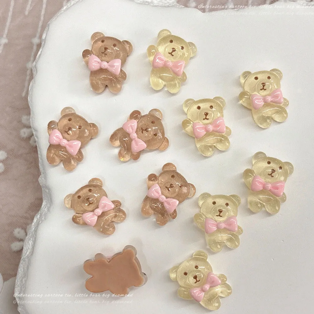 10Pcs Kawaii Bears Nail Art Charms Sweet Heart Bow Nail Decoration Parts Ice-transparent Brown Manicure 3D Accessories Jewels