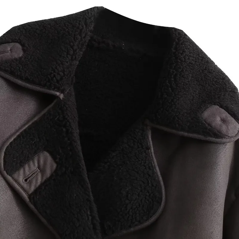 브라운 노치드 칼라 인조 모피 코트 루즈핏 미드 플러시 코트 가죽 및 모피 인조 양털 재킷 푹신한 캐주얼 스타일 아우터웨어