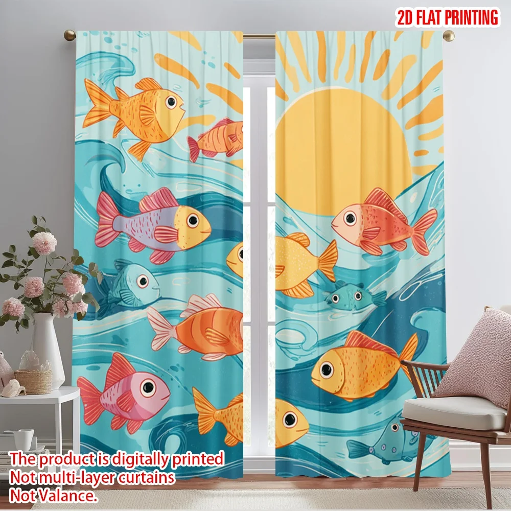 

2pcs 2D flat printing Party Curtains Cute fish sunset ocean Polyester Fabric Without Electricity Seasonal Party & Holiday Decor