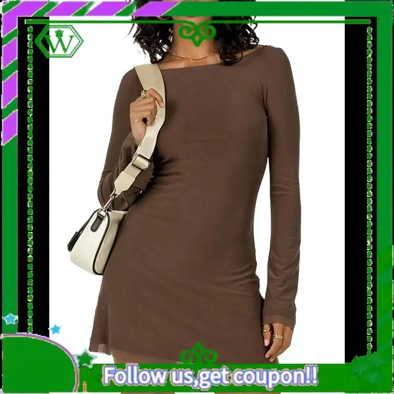 A18P-ผู้หญิงแขนยาวมินิเดรสคอเรือตาข่ายBell Sleeve TieกลับSheer Backless Bodycon Y2kสั้น