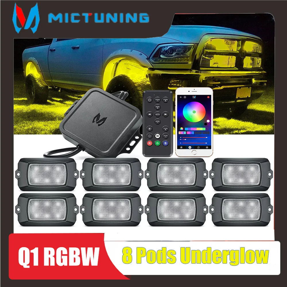 

MICTUNING RGBW LED Rock Lights - 8 Pods UnderLights Multicolor Neon Light with Wiring Switch Kit, Bluetooth Controller Music