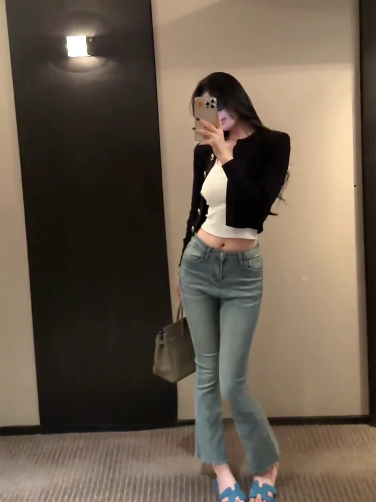 High Waist Wide Leg Jeans Women's Slim Fit Elastic Casual Style Cotton Stretch Denim Blue High Waist Micro Flared Jeans