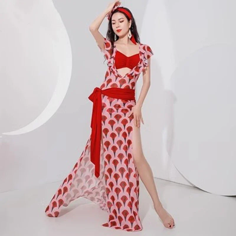 여성 밸리 댄스 클래스 유니폼 꽃 인쇄 Baladi 드레스 Saidi 드레스 소녀 민속 의상 세트 머리띠와 긴 가운