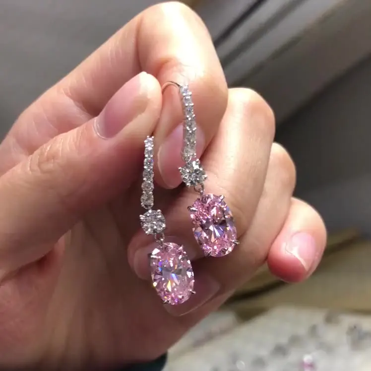 

S925 silver tassel ear hooks high carbon diamond super flash yellow diamond earrings fashion big oval earrings women