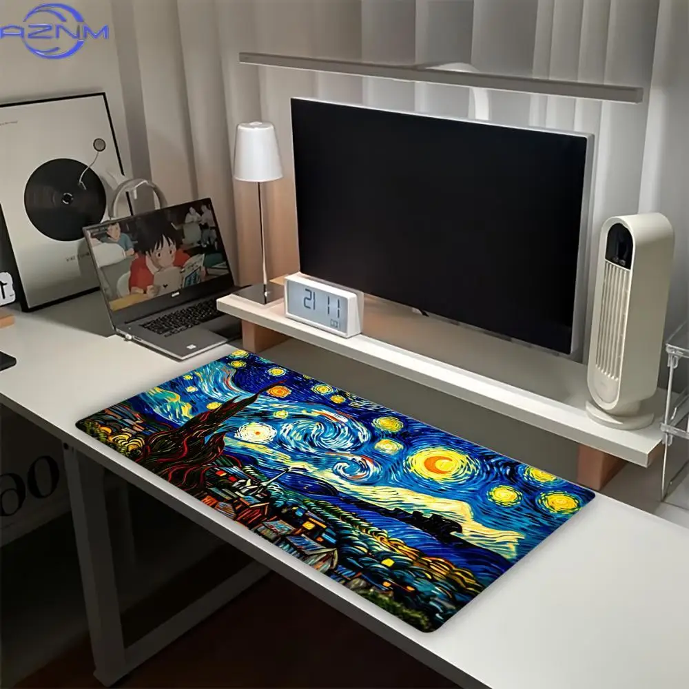 Van Gogh Starry Night Print Large Desk Mat Non Slip Gaming MousePad Stitched Edge Art Keyboard Mat for Laptop PC Office Game Use