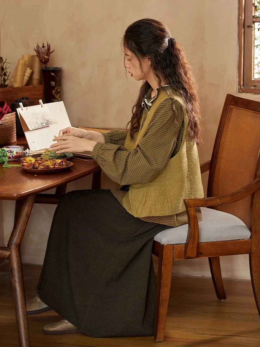 Original Design Pure Cotton Loose Long Sleeve Women's Shirt Floral Lace Collar Autumn Season Yellow Grey Plaid Patterned