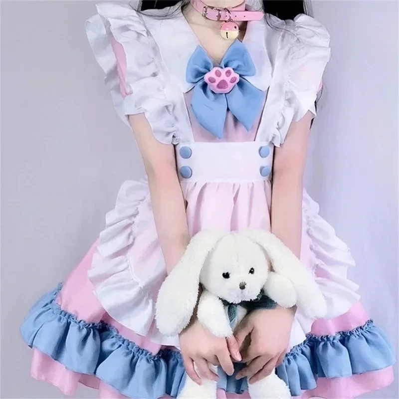 Kawaii Lolita аниме наряд горничной розовый + синий косплей наряд горничной юбка Лолита костюм милый японский косплей костюм аниме наряд